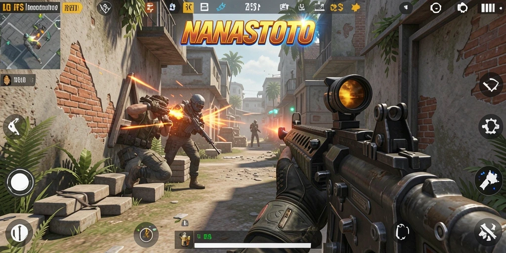 Gameplay seru NANASTOTO dengan aksi tembak-menembak yang intens.