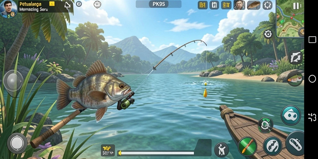 Screenshot gameplay PK95 yang menampilkan aksi memancing yang seru.