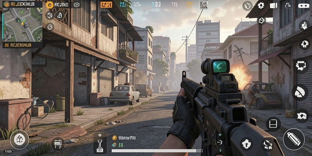 Screenshot REJEKIHUB menampilkan aksi seru dalam game FPS.
