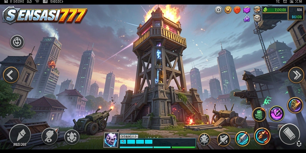 Tampilan gameplay SENSASI777 yang intens dalam Tower Defense.